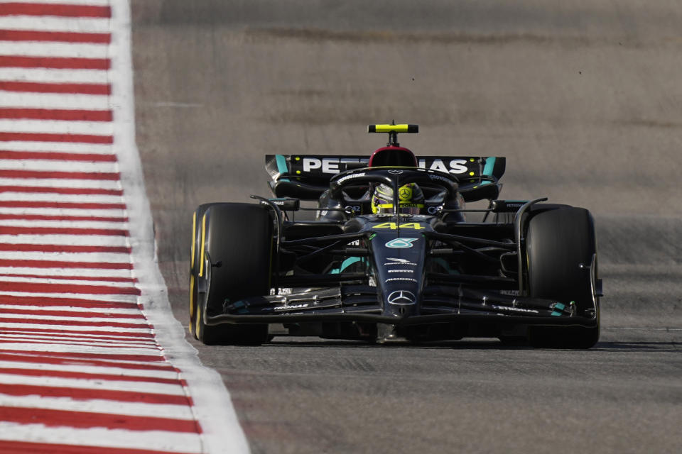 Mercedes driver Lewis Hamilton, of Britain, drives during the Formula One U.S. Grand Prix auto race at Circuit of the Americas, Sunday, Oct. 22, 2023, in Austin, Texas. (AP Photo/Eric Gay)