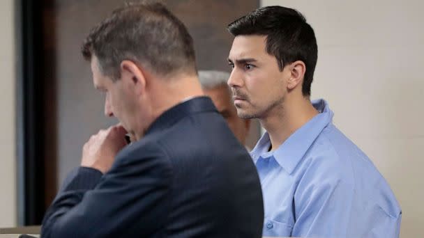 PHOTO: Matthew Nilo is arraigned on rape charges stemming from assaults in Charlestown, in 2007 and 2008 in Suffolk Superior Court in Boston, June 5, 2023. His attorney, Joseph Cataldo is at left. (Pat Greenhouse/The Boston Globe via AP, Pool)