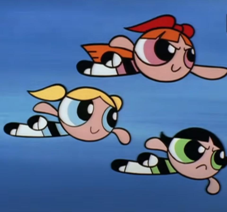 Bubbles, Buttercup and Blossom fly in the sky together