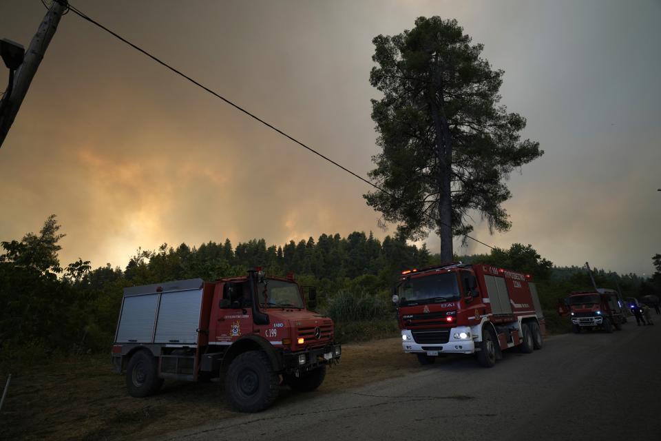 Flames burn a forest during a wildfire in Gouves village on the island of Evia, about 185 kilometers (115 miles) north of Athens, Greece, Sunday, Aug. 8, 2021. Hundreds of firefighters in Greece are still battling massive wildfires that have destroyed tracts of forest and prompted emergency evacuations from a popular vacation island. (AP Photo/Petros Karadjias)