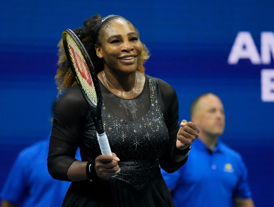 Serena Williams celebrates after beating Danka Kovinic during Round 1 of the U.S. Open.