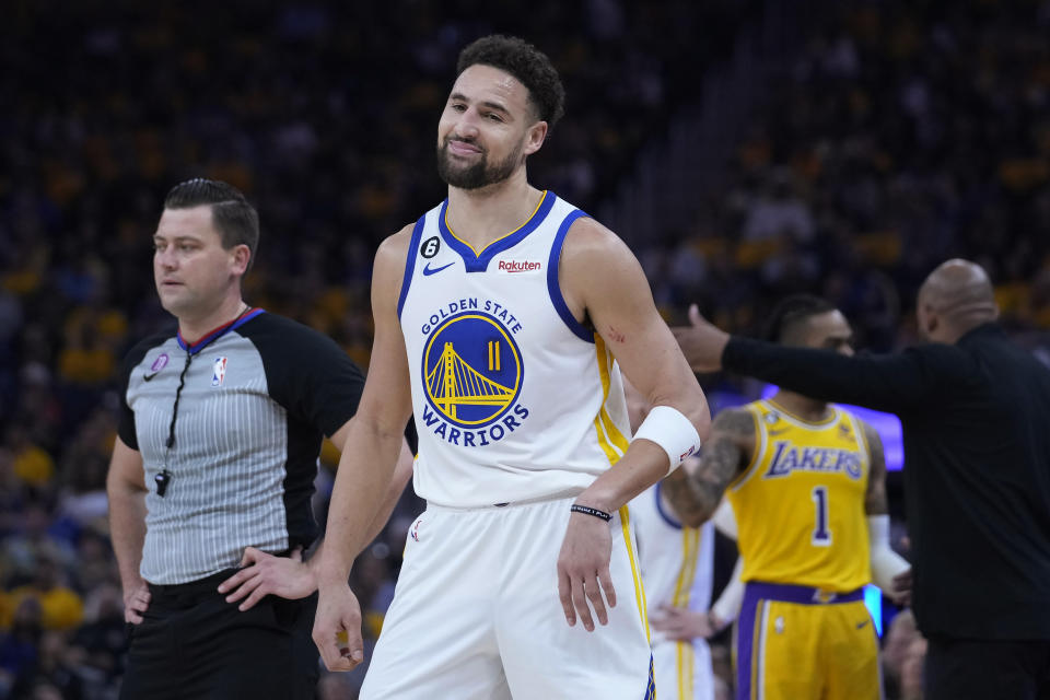 Golden State Warriors guard Klay Thompson reacts during the first half of Game 5 of the team's NBA basketball second-round playoff series against the Los Angeles Lakers on Wednesday, May 10, 2023, in San Francisco. (AP Photo/Godofredo A. Vásquez)