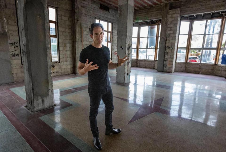Developer Michael Shvo stands on the terrazzo floor in the lobby of the gutted South Beach landmark Raleigh Hotel, which he bought for $103 million in 2019. Shvo is restoring the 1940 Art Deco hotel and two smaller, abutting historic hotels, while adding a luxury condo tower at the rear.