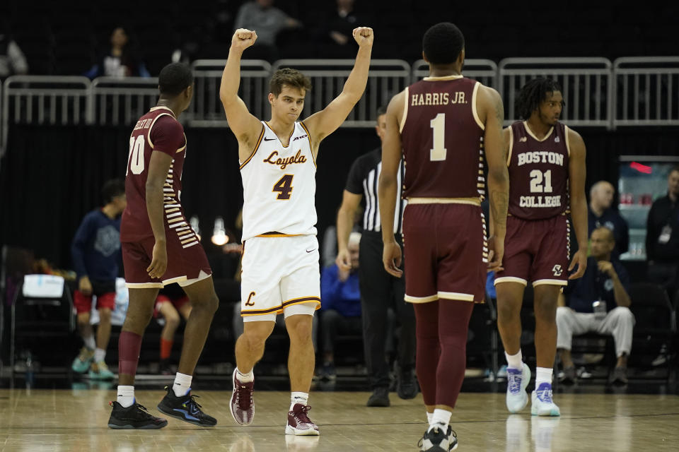 FILE - Loyola Chicago guard Braden Norris (4) celebrates after an NCAA college basketball game against Boston College Thursday, Nov. 23, 2023, in Kansas City, Mo. The Ramblers are as hot as any team in the Atlantic 10 and have their sights set on the NCAA Tournament. (AP Photo/Charlie Riedel, File)