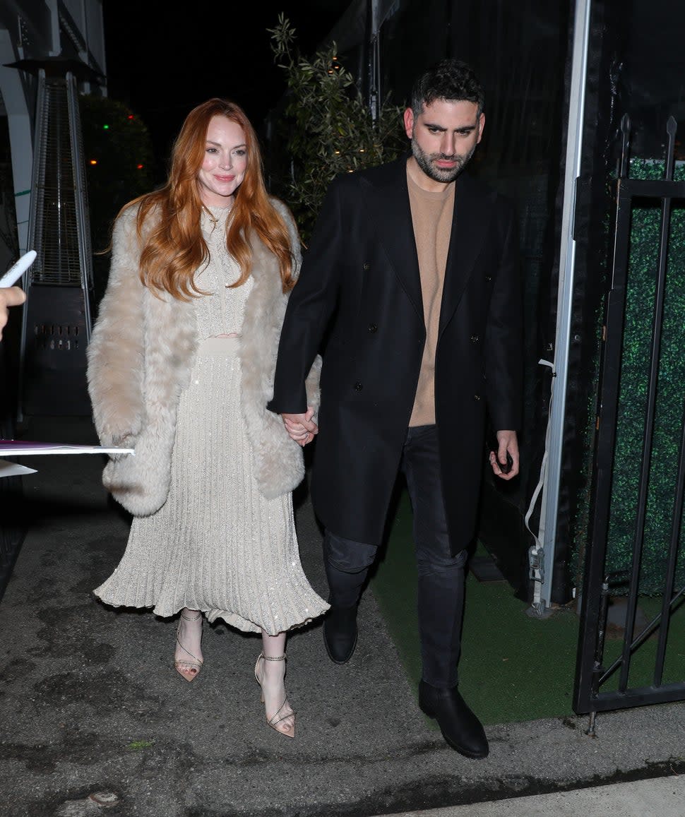 Lindsay Lohan and Bader Shammas are seen leaving Giorgio Baldi on March 16, 2024 in Santa Monica, California.