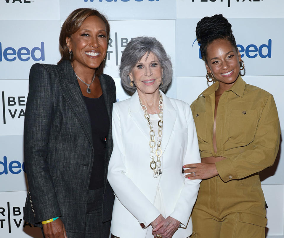 (L-R) Robin Roberts, Jane Fonda and Alicia Keys attend The Harry Belafonte Voices For Social Justice Award At Tribeca Festival at Spring Studios on June 10, 2023 in New York City.