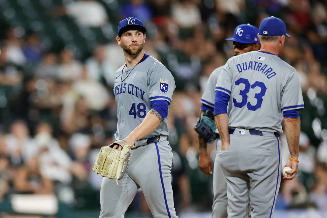 Kansas City Royals starting pitcher Alec Marsh exited Monday night’s game against the Chicago White Sox during the fifth inning at Guaranteed Rate Field.