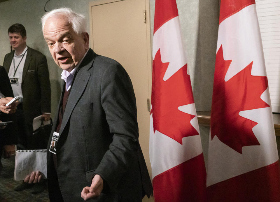 John McCallum, Canadian ambassador to China, arrives for a cabinet meeting in Sherbrooke, Quebec, Wednesday, Jan. 16, 2019. (Paul Chiasson/The Canadian Press via AP)