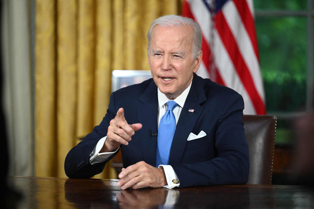 President Joe Biden addresses the nation on averting default and the Bipartisan Budget Agreement, in the Oval Office of the White House in Washington, DC, June 2, 2023. (Jim Watson / AFP - Getty Images)