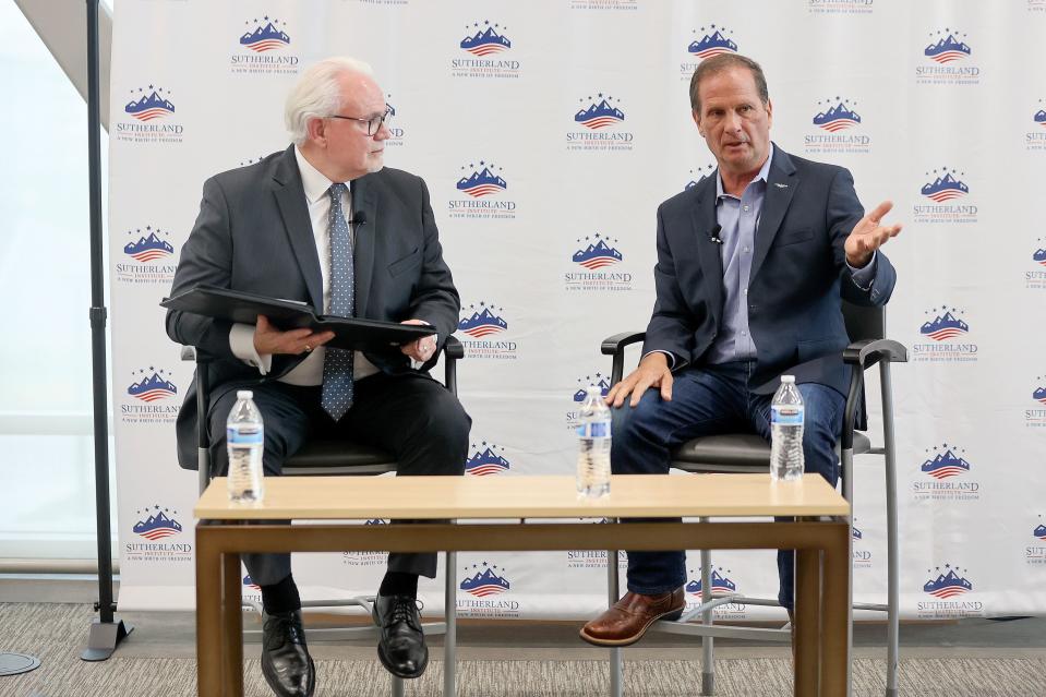 Rep. Chris Stewart, R-Utah, right, speaks with Rick Larsen, Sutherland Institute president and CEO, during Sutherland Institute’s 2023 Congressional Series at the Hinckley Institute of Politics at the University of Utah in Salt Lake City on Thursday, Aug. 3, 2023. | Kristin Murphy, Deseret News