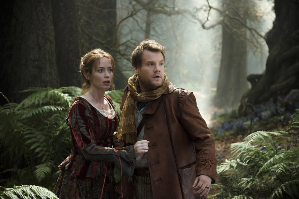 Emily Blunt, James Corden walking through the woods