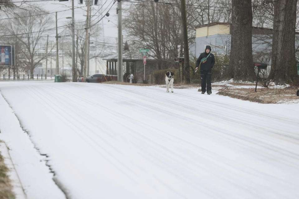 Riley Manning walks his Saint Bernard down a snowy street, Monday, Jan. 15, 2024, in Tupelo, Miss. (Thomas Wells/The Northeast Mississippi Daily Journal via AP)