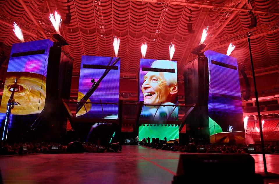 A tribute to Charlie Watts of The Rolling Stones before the 2021 "No Filter" tour opener at The Dome at Americas Center on Sept. 26, 2021 in St Louis, Missouri.