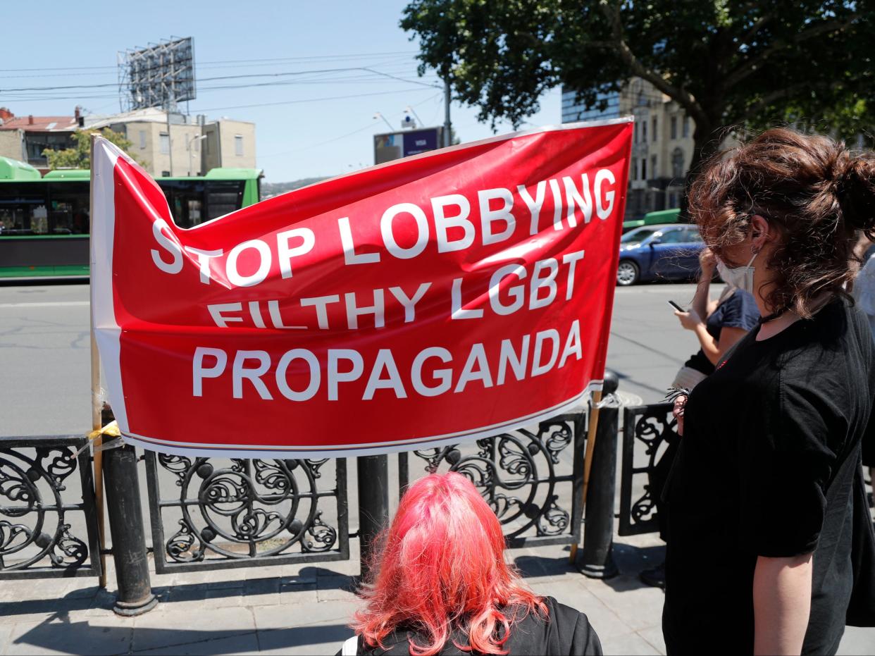 Right-wing protesters rally against a now-cancelled Tbilisi Pride march (EPA)