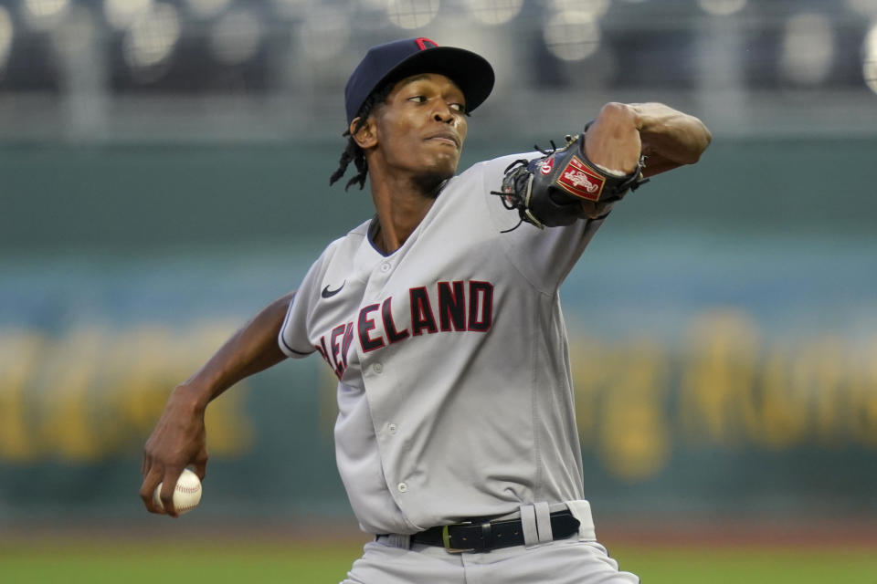 Cleveland Indians starting pitcher Triston McKenzie winds up during the first inning of the team's baseball game against the Kansas City Royals at Kauffman Stadium in Kansas City, Mo., Wednesday, Sept. 2, 2020. (AP Photo/Orlin Wagner)