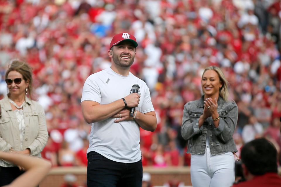 Former OU quarterback Baker Mayfield speaks to the crowd at halftime of Saturday's spring game in Norman. “This is home,” he said, choking up slightly. “It’ll always be home. I mean that.”