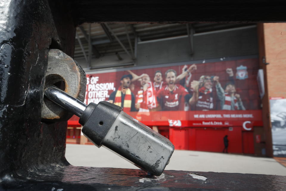 Liverpool's Anfield and the rest of the the Premier League's stadiums will remain shuttered until April 30 at the earliest. (Martin Rickett/Getty)