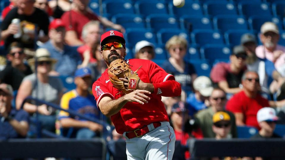 Mandatory Credit: Photo by Sue Ogrocki/AP/Shutterstock (10577436h)Los Angeles Angels third baseman Anthony Rendon throws out Milwaukee Brewers' Ryan Braun on a groundout in the second Inning of a spring training baseball game, in Phoenix, ArizAngels Brewers Spring Baseball, Phoenix, USA - 08 Mar 2020.