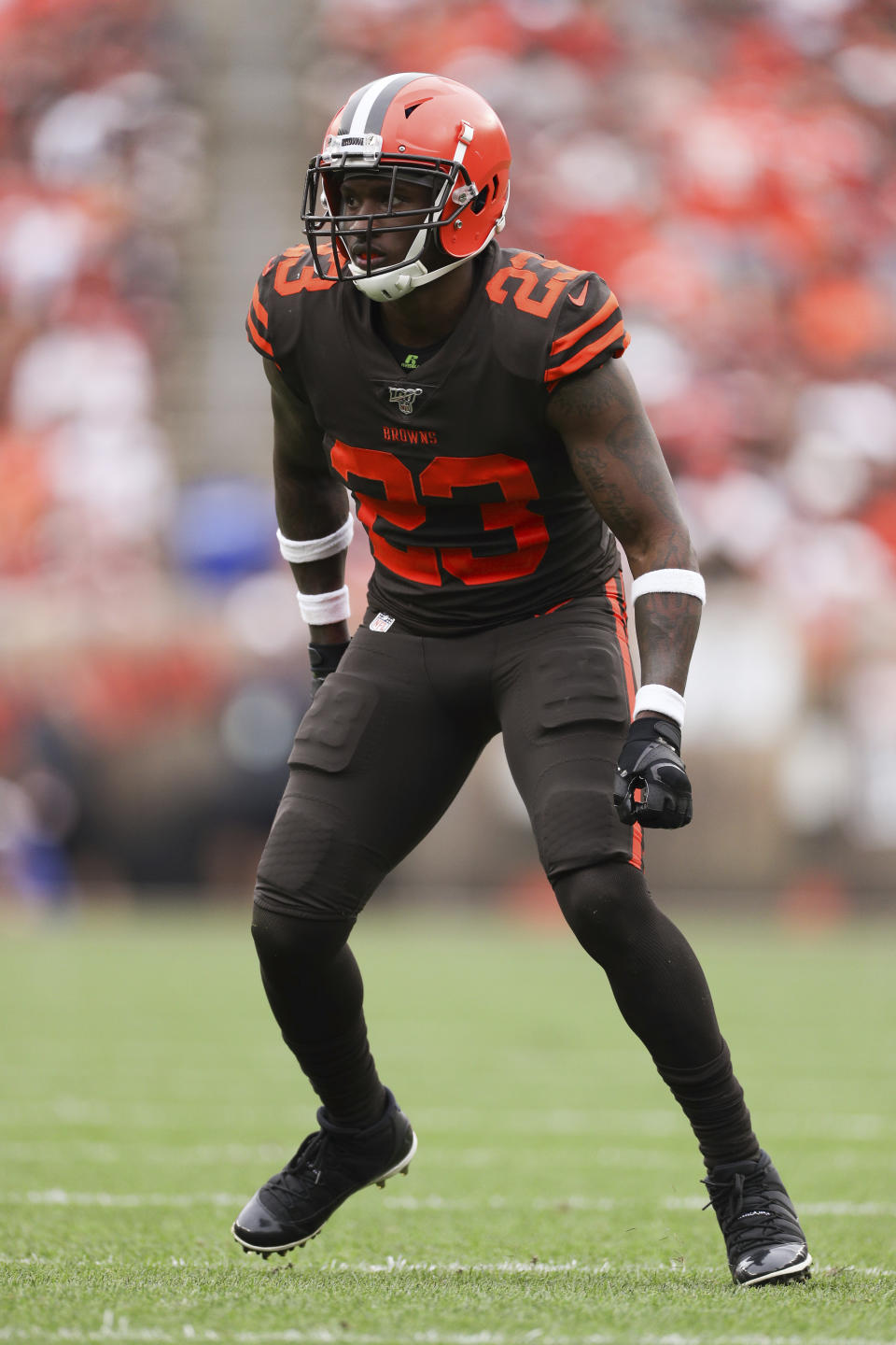 Cleveland Browns strong safety Damarious Randall (23) takes a defensive position during an NFL game against the Tennessee Titans, Sunday, Sept. 8, 2019, in Cleveland. (Margaret Bowles via AP)