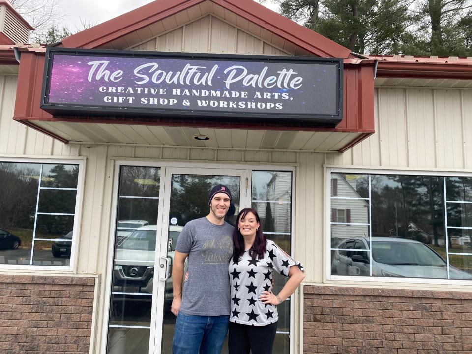 Husband and wife Steve and Corinne McCarthy, seen here on Friday, Feb. 2, 2024, opened The Soulful Palette in January. The business sells handmade art and other crafts and products from local vendors. It is located at 88 East Grove St., in Middleboro.