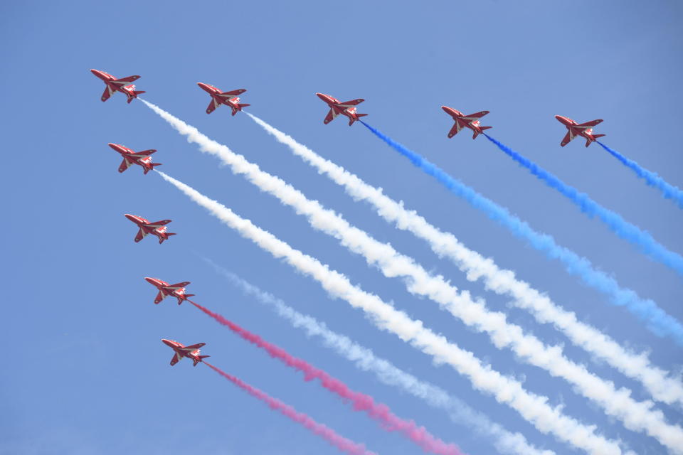 This picture is embargoed until 00:01 - 15 May 2022 File photo dated 09/06/18 the RAF Red Arrows during a flypast over Buckingham Palace, in central London, following the Trooping the Colour ceremony at Horse Guards Parade as the Queen celebrated her official birthday. A six-minute flypast of more than 70 aircraft will complete the Queen's birthday parade as part of Platinum Jubilee celebrations. Issue date: Sunday May 15, 2022.