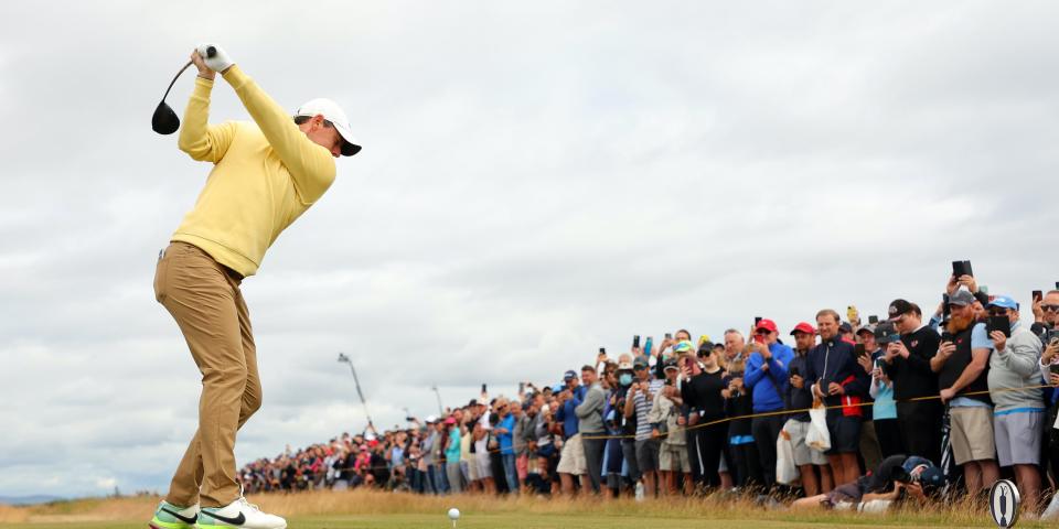 Golfer Rory McIlroy tees off at the Open Championship in St. Andrews, Scotland on July 14, 2022.