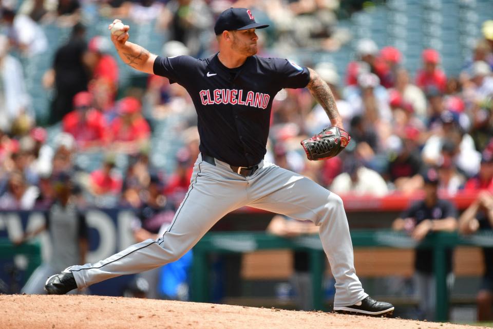 Guardians pitcher Ben Lively (39) pitches in the first against the Angels, May 26, 2024, in Anaheim.