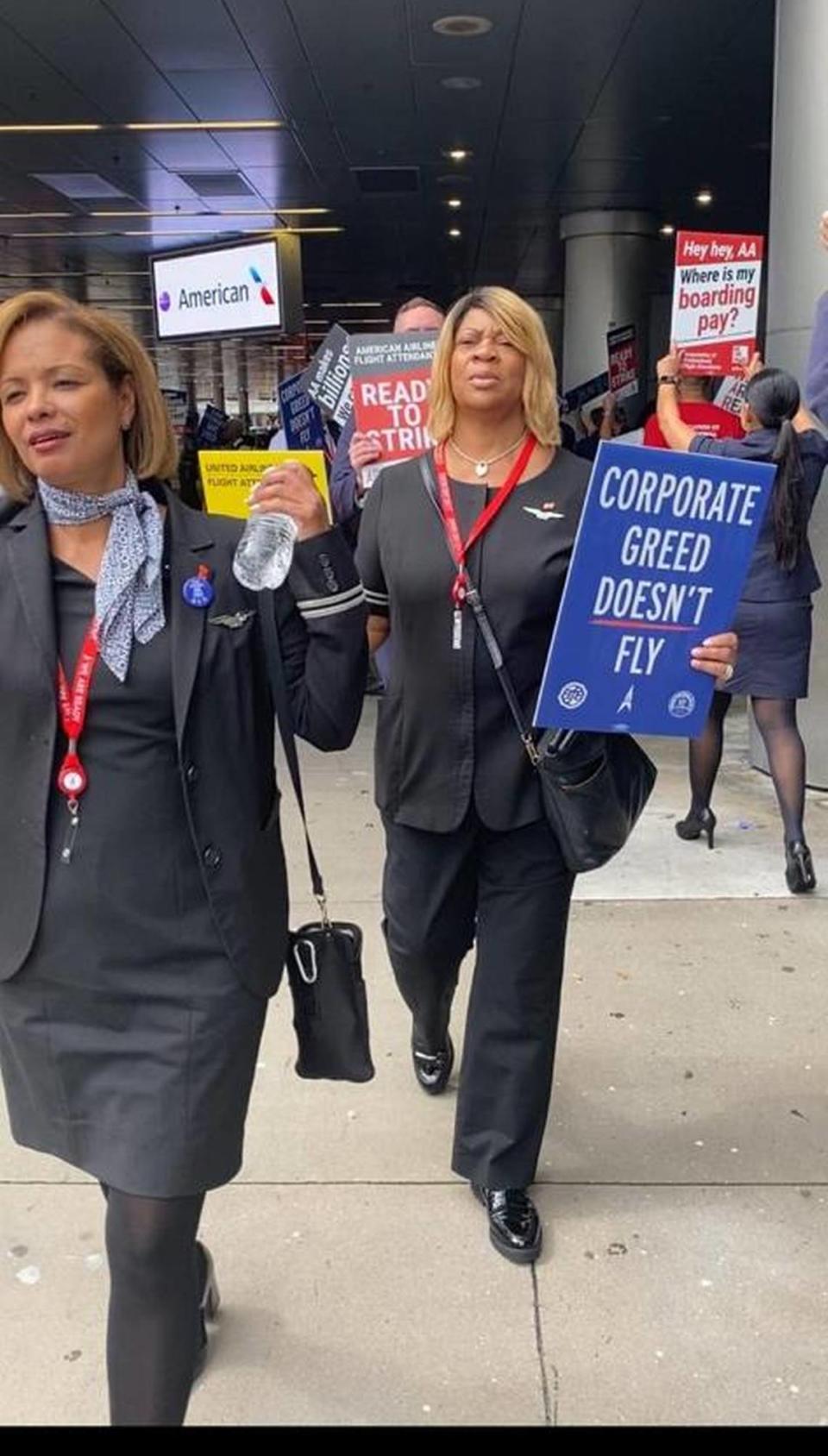 Flight attendants from American Airlines and others protest outside MIA on Feb. 14, 2023 for new contract, better pay.