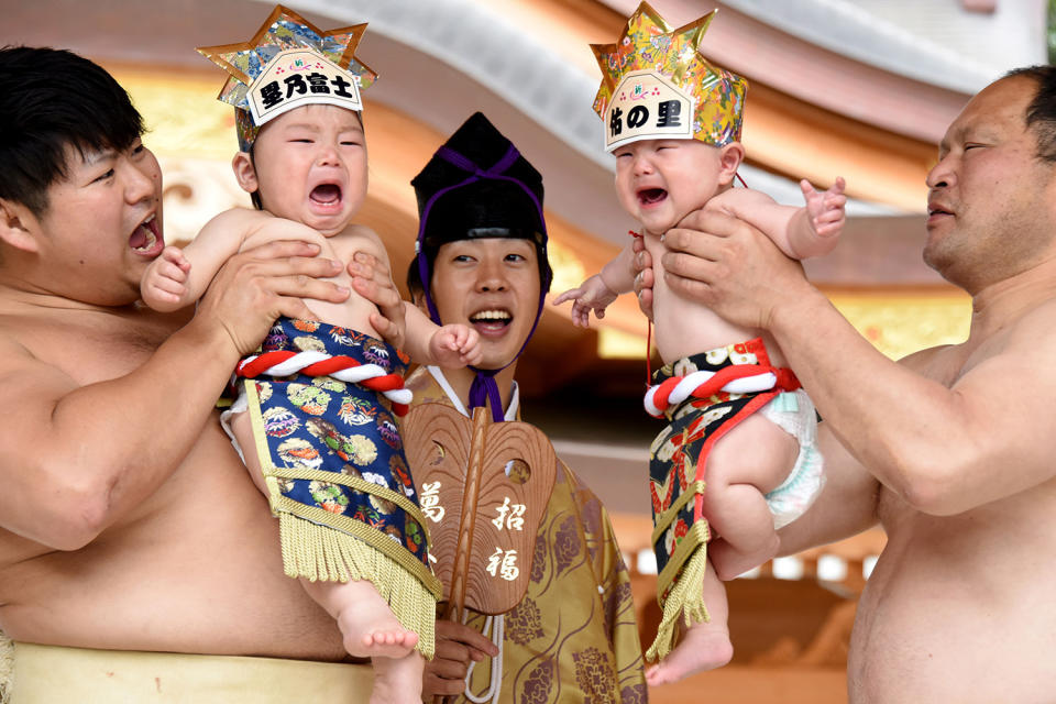 Sumo wrestlers holding crying babies