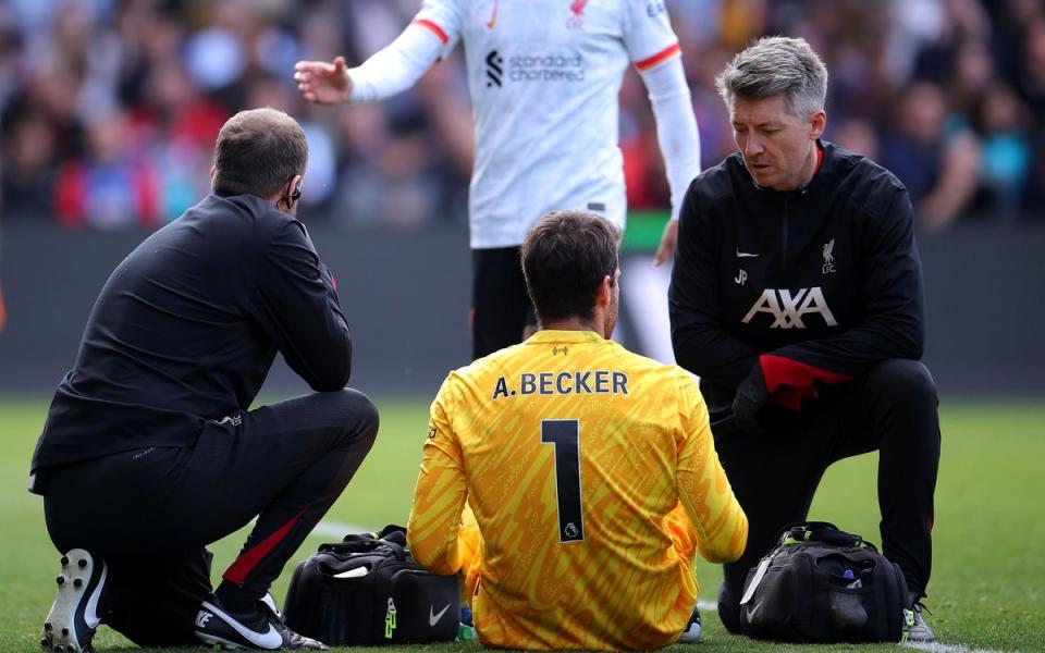 Injury blow: Liverpool are expected to be without goalkeeper Alisson for a number of weeks (Getty Images)