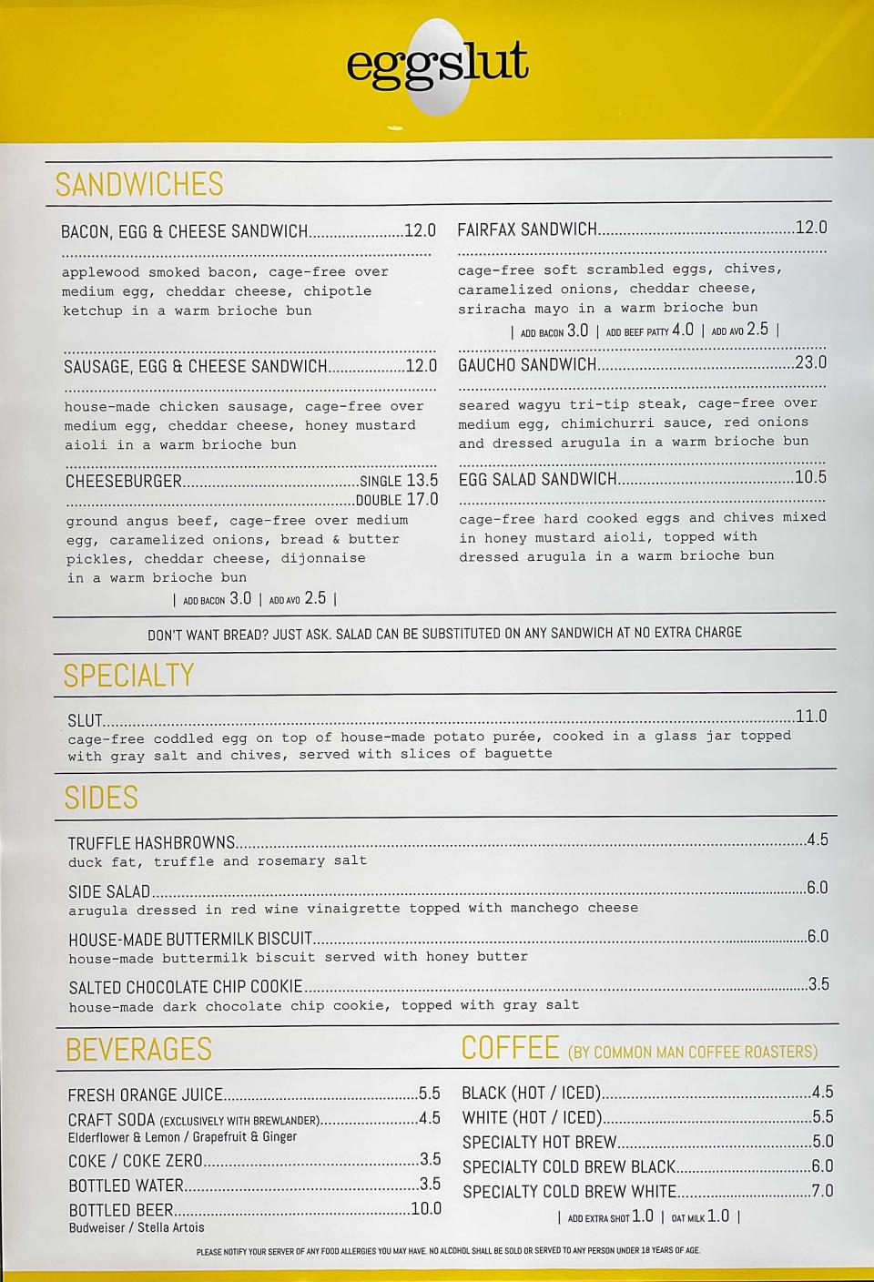 Eggslut Full Menu