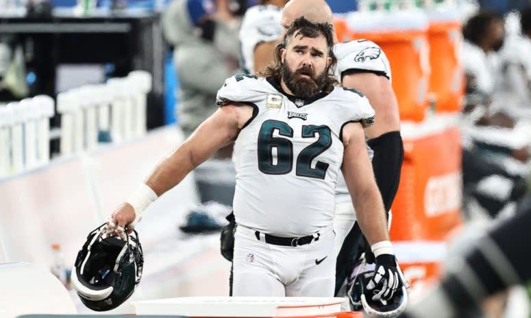 Jason Kelce walks on the sideline.