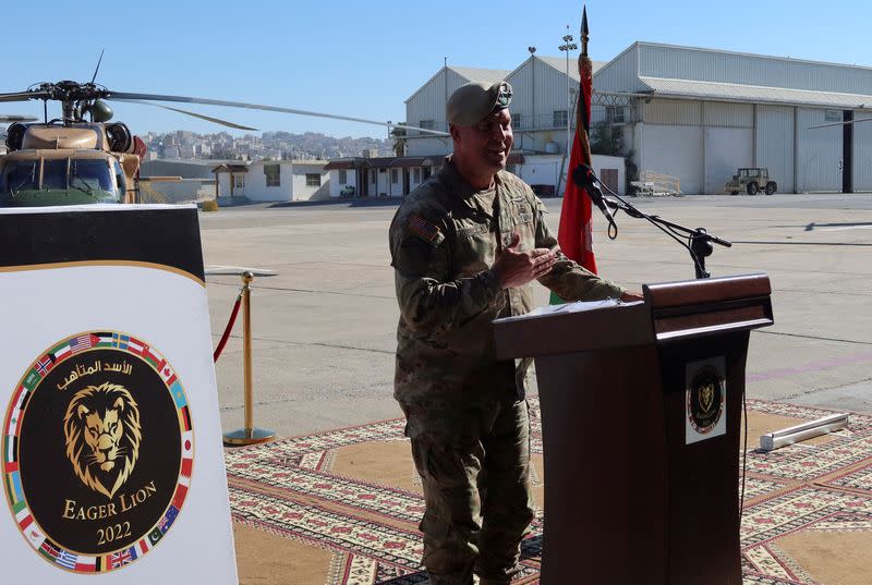 FILE PHOTO: General Michael "Erik" Kurilla , Commander of U.S. Central Command, speaks during a news conference in Amman's Marka air base