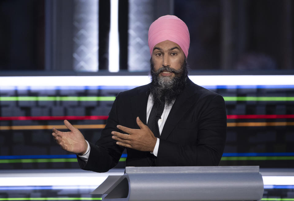 New Democratic Party leader Jagmeet Singh speaks during the federal election French-language leaders debate, Wednesday, Sept. 8, 2021, in Gatineau, Quebec. (Justin Tang/The Canadian Press via AP)