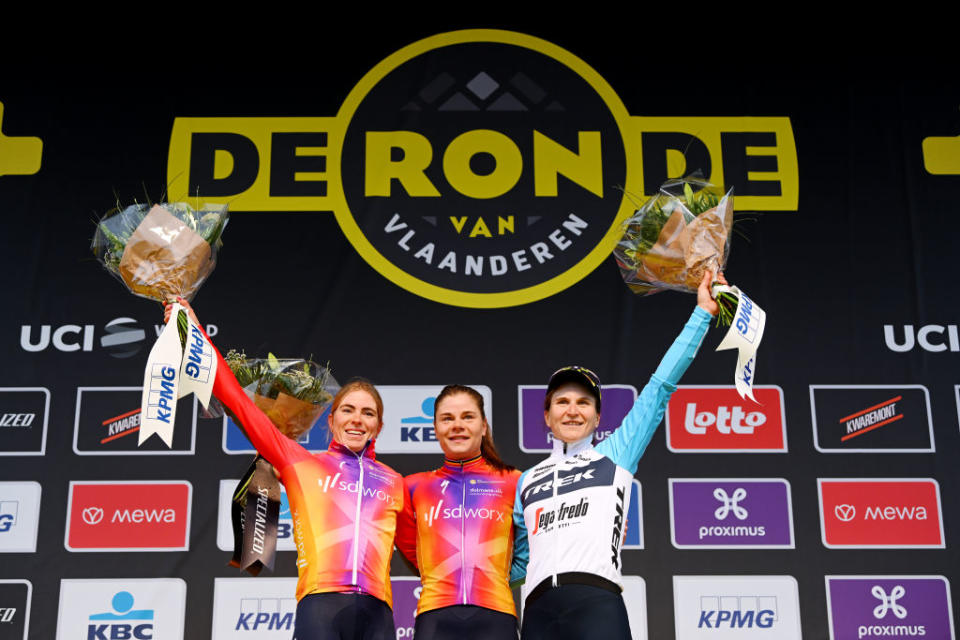 OUDENAARDE BELGIUM  APRIL 02 LR Demi Vollering of The Netherlands and Team SD Worx on second place race winner Lotte Kopecky of Belgium and Team SD Worx and Elisa Longo Borghini of Italy and Team TrekSegafredo on third place pose on the podium ceremony after the 20th Ronde van Vlaanderen  Tour des Flandres 2023 Womens Elite a 1566km one day race from Oudenaarde to Oudenaarde  UCIWWT  on April 02 2023 in Oudenaarde Belgium Photo by Luc ClaessenGetty Images