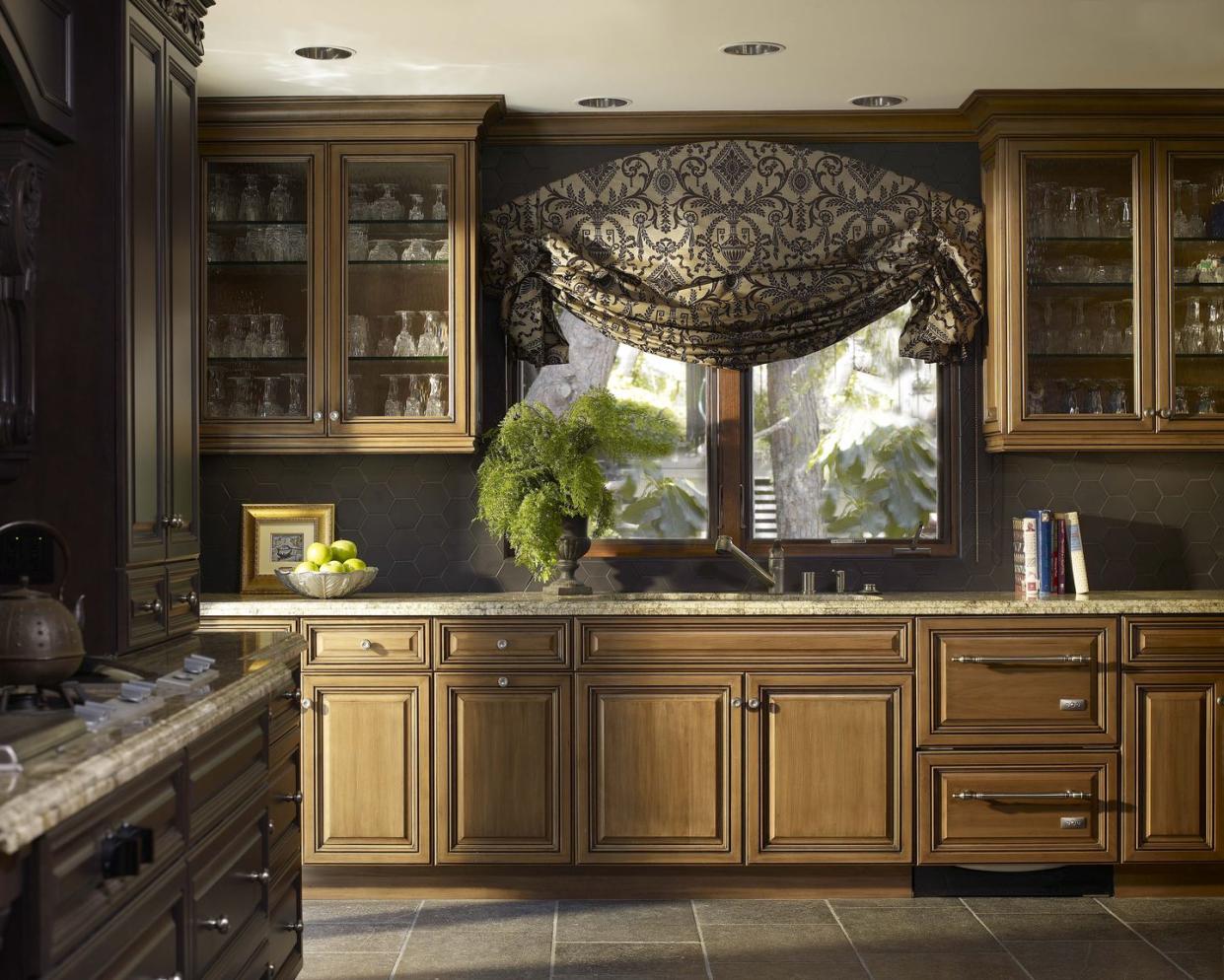 a kitchen with a large window