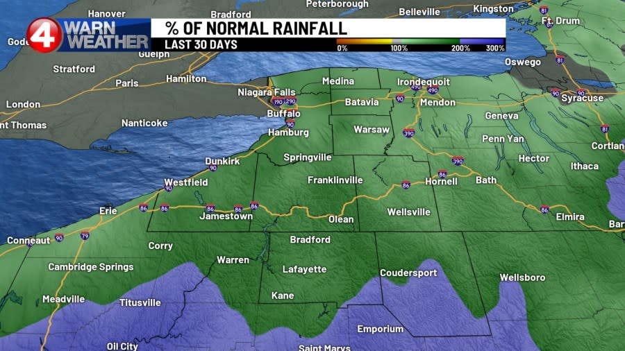 <sup>The green shaded areas represent a 100% of normal rainfall over the past 30 days while the purple color indicates 200% of normal rainfall.</sup>