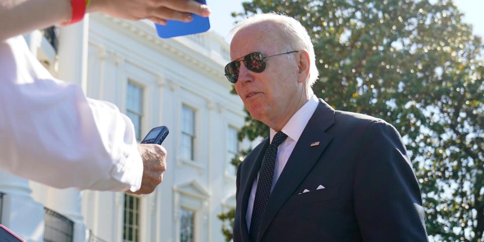 President Joe Biden speaks to reporters as he returns to the White House from Delaware on the South Lawn in Washington, Monday, May 30, 2022.