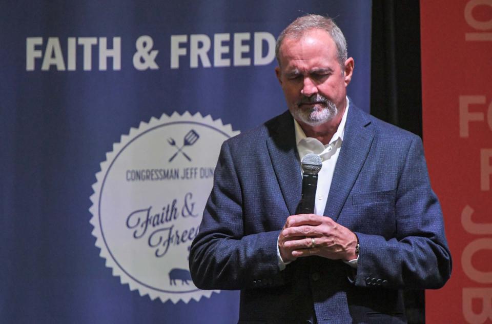 U.S. Rep Jeff Duncan closes with a prayer at his 12th Annual Faith and Freedom BBQ in the Civic Center of Anderson Monday, August 28, 2023. State of Florida First Lady Casey DeSantis, spoke in place of original keynote speaker Florida Governor and presidential candidate Ron DeSantis.