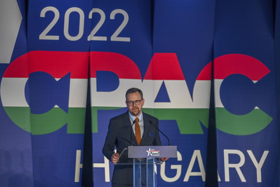 Ernst Roets, Deputy CEO of the South African NGO AfriForum, speaks at the Conservative Political Action Conference (CPAC) event in Budapest, Hungary, Thursday, May 19, 2022. Dozens of prominent conservatives from Europe, the United States and elsewhere have gathered in Hungary for the American Conservative Political Action Conference, being held in Europe for the first time. The two-day event represents a deepening of ties between the American right wing and the autocratic government of Prime Minister Viktor Orban. (Tibor Illyes/MTI via AP)