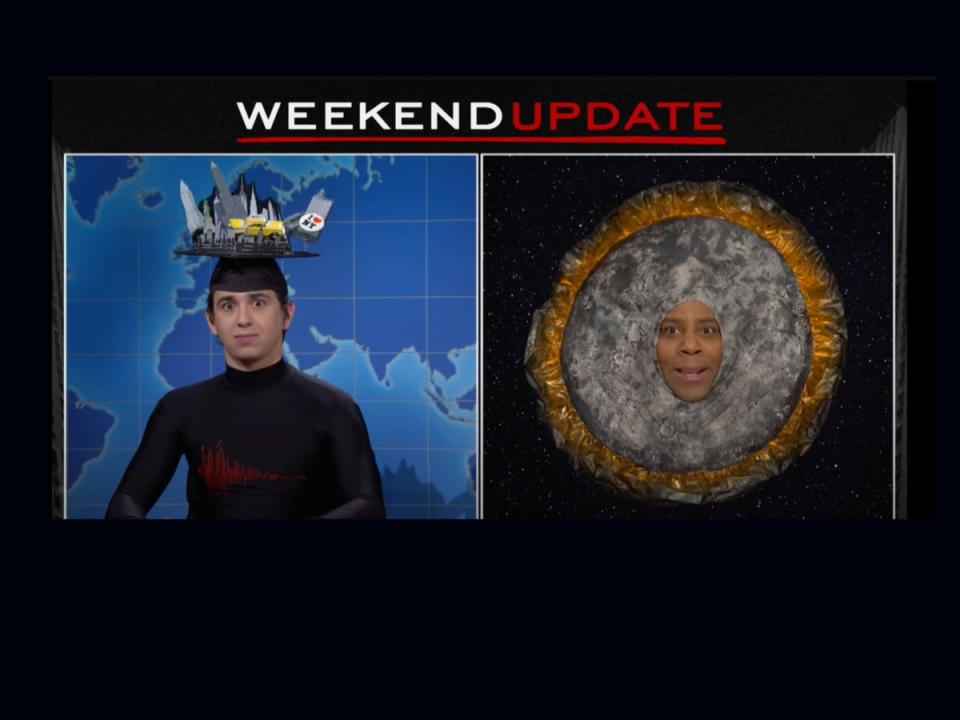 SNL cast members Marcello Hernández, left, and Kenan Thompson, right, portray the New York City earthquake and April’s solar eclipse, respectively, during a skit on 6 April, 2024 (NBC/Saturday Night Live)