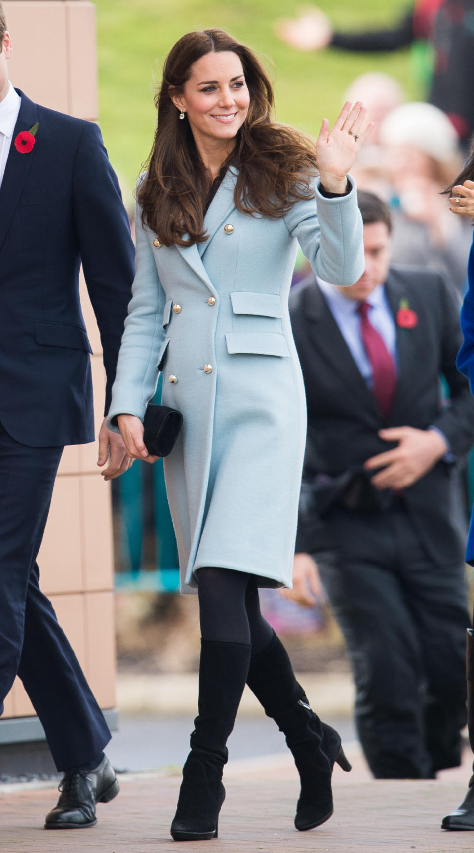 The Duchess of Cambridge wore a powder blue coat by British designer Matthew Williamson on a visit to Pembroke Refinery.