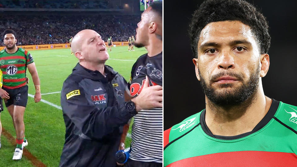 Taane Milne, pictured here after being sent off in South Sydney's loss to Penrith in the NRL preliminary final. 