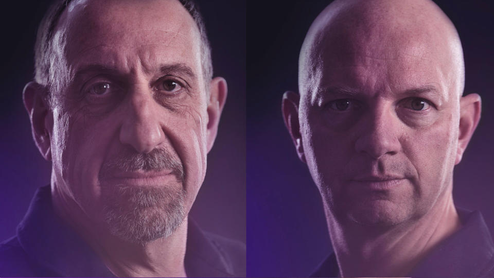 From left to right, side by side, close-up portraits of VSS Unity pilots Mike Masucci and Nicola Pecile