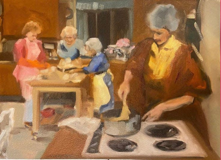 A painting by Detroiter Liz Frankland depicts a famous "Golden Girls" scene in which Betty White's Rose sings as the ladies stuff a batch of chickens.