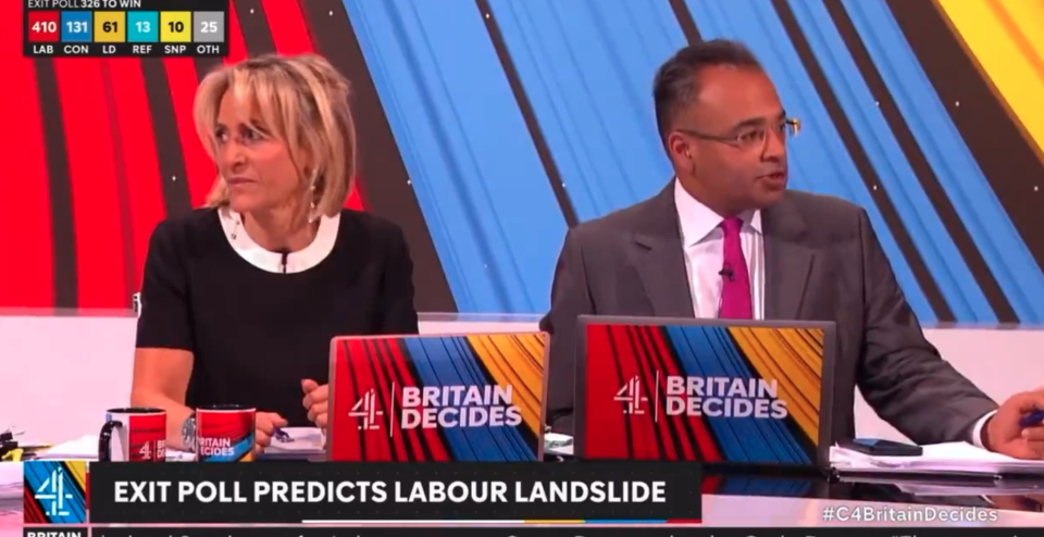Emily Maitlis and Krishnan Guru-Murthy hosted the Channel 4 election coverage. (Channel 4 screenshot)