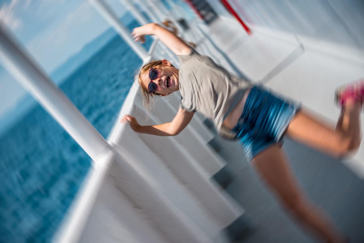 girl slip on a wet ship deck