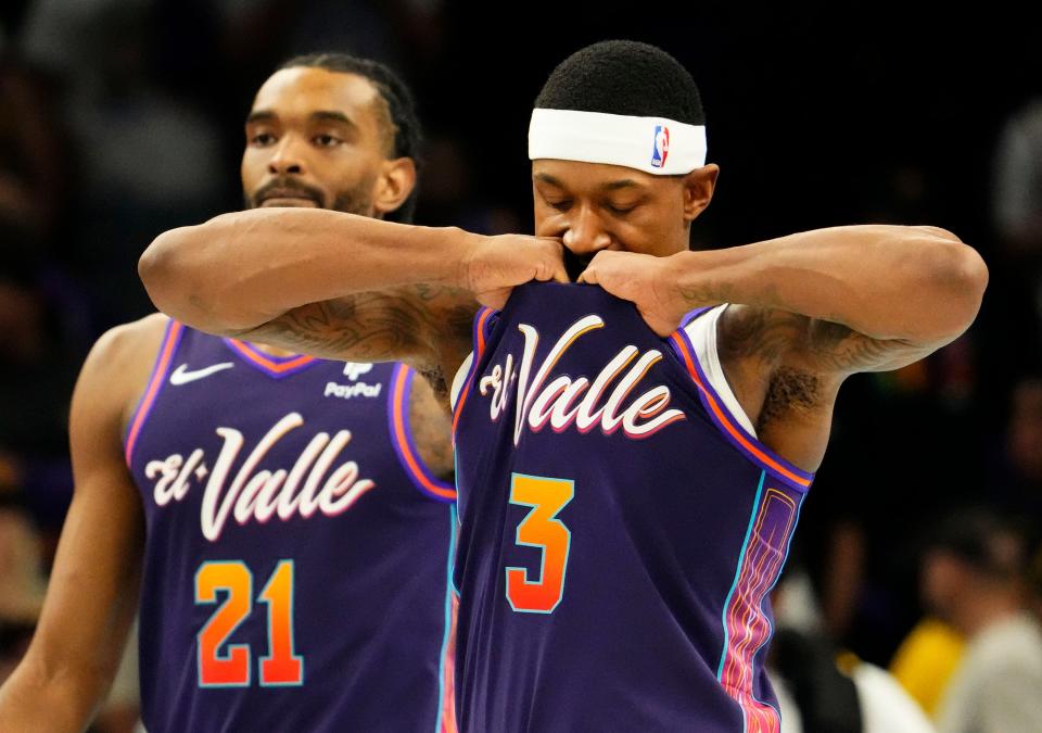 Nov 10, 2023; Phoenix, AZ, USA; Phoenix Suns guard Bradley Beal (3) reacts after losing to the Los Angeles Lakers 122-119 during the in-season tournament game at Footprint Center. Mandatory Credit: Rob Schumacher-Arizona Republic