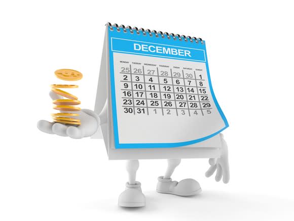 December calendar with legs and arms holding a stack of gold coins