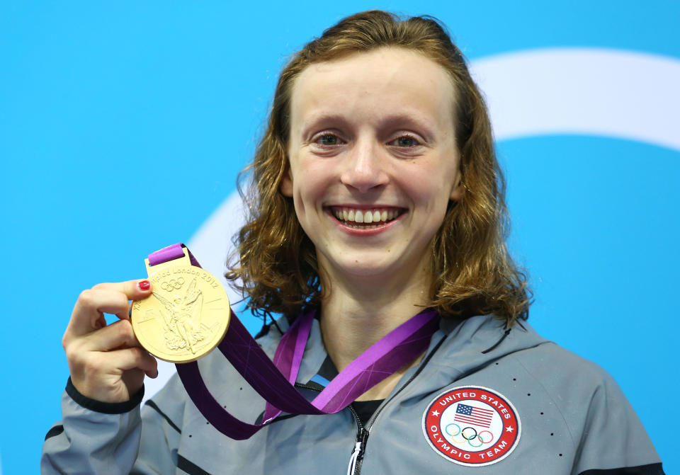 Gold medalist <a href="http://sports.yahoo.com/olympics/swimming/katie-ledecky-1132407/" data-ylk="slk:Katie Ledecky;elm:context_link;itc:0;sec:content-canvas" class="link ">Katie Ledecky</a> of the United States poses on the podium during the medal ceremony for the Women's 800m Freestyle on Day 7 of the London 2012 Olympic Games at the Aquatics Centre on August 3, 2012 in London, England. (Photo by Al Bello/Getty Images)